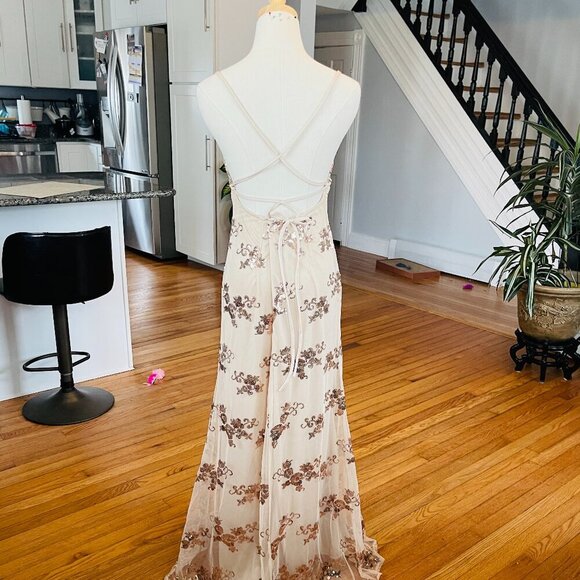 Champaing Color Mermaid Paillettes Sequins Strappy Maxi Prom Formal Ball Gown - Picture 4 of 8